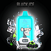 A turquoise RandM Digital Box 12000 vape device labeled "FUMOT" with a digital display, featuring a cartoon monkey in a hat on the front, surrounded by blackberries, mint leaves, and ice cubes, with the text "BLACK ICE" above.