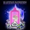 A pink RandM Digital Box 12000 vape device with a digital display, featuring a cartoon ape wearing a camouflage helmet, surrounded by images of blueberries, blackberries, and blue liquid. The text "BLUESOUR.RASPBERRY" appears at the top.