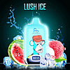 A digital illustration of a blue RandM Digital Box 12000 vape device branded "FUMOT" with a display screen showing a battery level icon, surrounded by watermelon slices, lychee, and ice cubes. The device features an image of a cartoon monkey wearing an orange hat. The text "LUSH ICE" appears above.