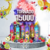 Image of five colorful vape pens labeled "Tornado 15000" from VapeDShop, surrounded by various fruit illustrations.