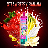 "Colorful vape device with a strawberry and banana flavor, surrounded by fresh strawberries, bananas, and splashes of juice and milk."