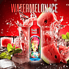 Watermelon ice-flavored vape with vibrant red packaging featuring a cartoonish brain in a jar design, surrounded by splashing watermelon slices, ice cubes, and mint leaves.