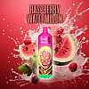 A brightly colored vape device labeled "Raspberry Watermelon" with an alien-like face graphic, surrounded by splashing water, raspberries, and watermelon slices on a red background.