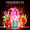 Strawberry-flavored vape device with a pink top, featuring a cartoonish alien design on the front, surrounded by strawberries and ice cubes, with the text "STRAWBERRY ICE" above.