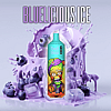 A vape device labeled "BLUELICIOUS ICE" with a cartoonish zombie design, surrounded by blueberries, ice cubes, and splashes of purple liquid.