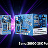 Bang 28000 disposable vape with blueberry ice flavor packaging, featuring a blue demon design, warning label about nicotine addiction, and product details including mesh coil, rechargeable Type-C, and 28K puffs.