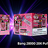 "Bang 28000 disposable vape featuring a Peach Ice flavor, mesh coil, Type-C rechargeable port, and vibrant packaging with a bold pink design and nicotine warning label."