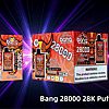 "Bang 28000 disposable vape product packaging featuring a vibrant red design with a demon face, labeled 'Blood And Sand,' highlighting 28K puffs, mesh coil, rechargeable Type-C port, and a nicotine warning."