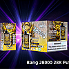 Packaging and product display of Bang 28000 Puff disposable vape in Pineapple Coconut flavor, featuring bold graphics with a fiery yellow design and prominent branding, against a dynamic purple background.