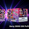 Bang 28000 disposable vape in Grape Ice flavor packaging with a colorful design featuring a fiery horned demon, highlighting 28,000 puffs, mesh coil, rechargeable Type-C, and nicotine warning.