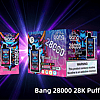 Bang 28000 disposable vape in Mixed Fruit flavor with vibrant packaging featuring a colorful demon design, displayed alongside its box and a 10-pack option, highlighting "28K Puffs" and nicotine warning.