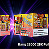 Bang 28000 disposable vape with Mango Peach flavor, featuring 28000 puffs, mesh coil, Type-C charging, adjustable ice levels, and warning label about nicotine addiction, displayed against a glowing purple background.