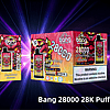Bang 28000 disposable vape in Strawberry Banana flavor, featuring a bold red demon design on the packaging, with details about 28K puffs, mesh coil, rechargeable Type-C port, and a nicotine warning label.