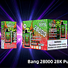 Bang 28000 disposable vape packaging featuring "Strawberry Watermelon" flavor, with bold text highlighting 28,000 puffs, a green demon graphic, and a nicotine warning label.