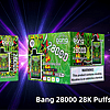 Bang 28000 disposable vape packaging featuring a Watermelon flavor with vibrant green and fiery dragon artwork, warning label about nicotine addiction, and details on 28K puffs and rechargeable mesh coil.