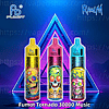 Three colorful Fumot Tornado 30000 Music disposable vape devices with vibrant skull designs on a neon blue and pink geometric background.