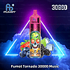 Fumot Tornado 30000 Music vape featuring a vibrant skull design, surrounded by mixed berries, ice cubes, and a neon-lit background.