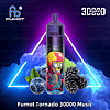 Fumot Tornado 30000 disposable vape with a colorful skeleton design, blueberry and blackberry flavor imagery, and "30000 puffs" text on a neon-themed background.