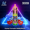 A pink disposable vape device featuring a vibrant skull illustration with text "Man Panic," surrounded by cherry imagery, neon lighting, and text "Fumot Tornado 30000 Music" and "30000 Puffs."