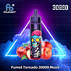 A colorful vaping device labeled "Fumot Tornado 30000 Music" with a vibrant skull design, surrounded by apples and neon lighting in the background.