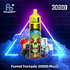 A yellow vape device labeled "Fumot Tornado 30000 Music" featuring a vibrant skull design, surrounded by images of strawberries, blackberries, blueberries, and ice cubes, with a neon glowing background and "30000 puffs" text.