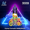 Fumot Tornado 30000 Music vape device with a colorful design featuring a cartoonish skull, tropical fruits (kiwi, passionfruit, and guava), and a neon triangle backdrop.