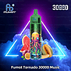A colorful vape device labeled "Fumot Tornado 30000 Music" featuring octopus artwork, surrounded by watermelon, cantaloupe, and passion fruit with neon lighting effects.