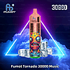 A pink Fumot Tornado 30000 Music vape device featuring a colorful monster design, surrounded by ice cubes and vibrant neon triangle accents in the background.