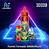 A Fumot Tornado 30000 Music disposable vape with a green zombie-themed design, surrounded by mixed berries, ice cubes, and a glowing neon triangular background.