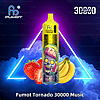 Fumot Tornado 30000 Music vape with a vibrant zombie-themed design, surrounded by strawberries and bananas, set against a neon-lit smoky background.