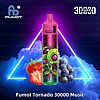 A colorful vaping device labeled "Fumot Tornado 30000 Music" with a vibrant dripping skull design, surrounded by strawberries, blueberries, and a neon triangle backdrop.