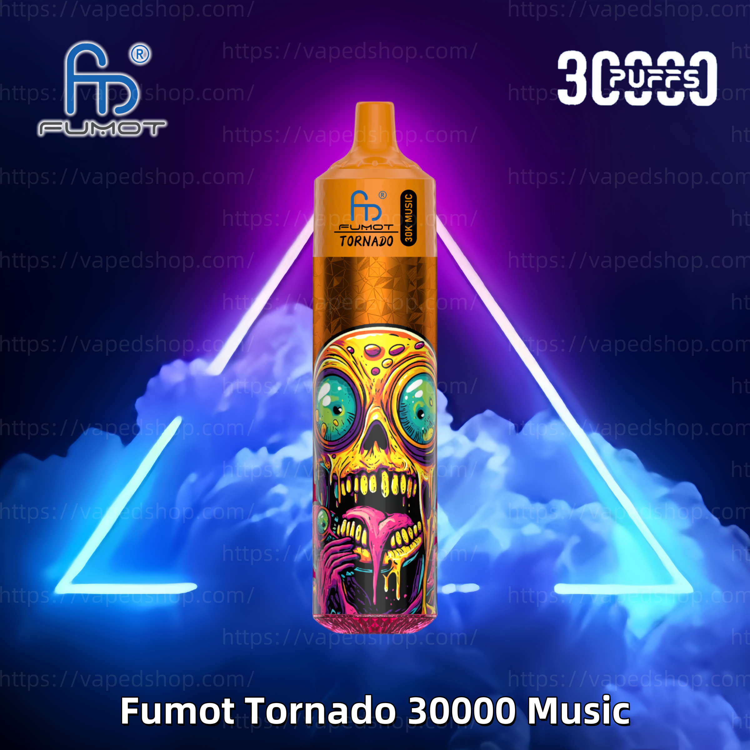 A colorful vape device labeled "Fumot Tornado 30000 Music" with vibrant artwork of a surreal face, set against a neon cloud background with triangular light accents.