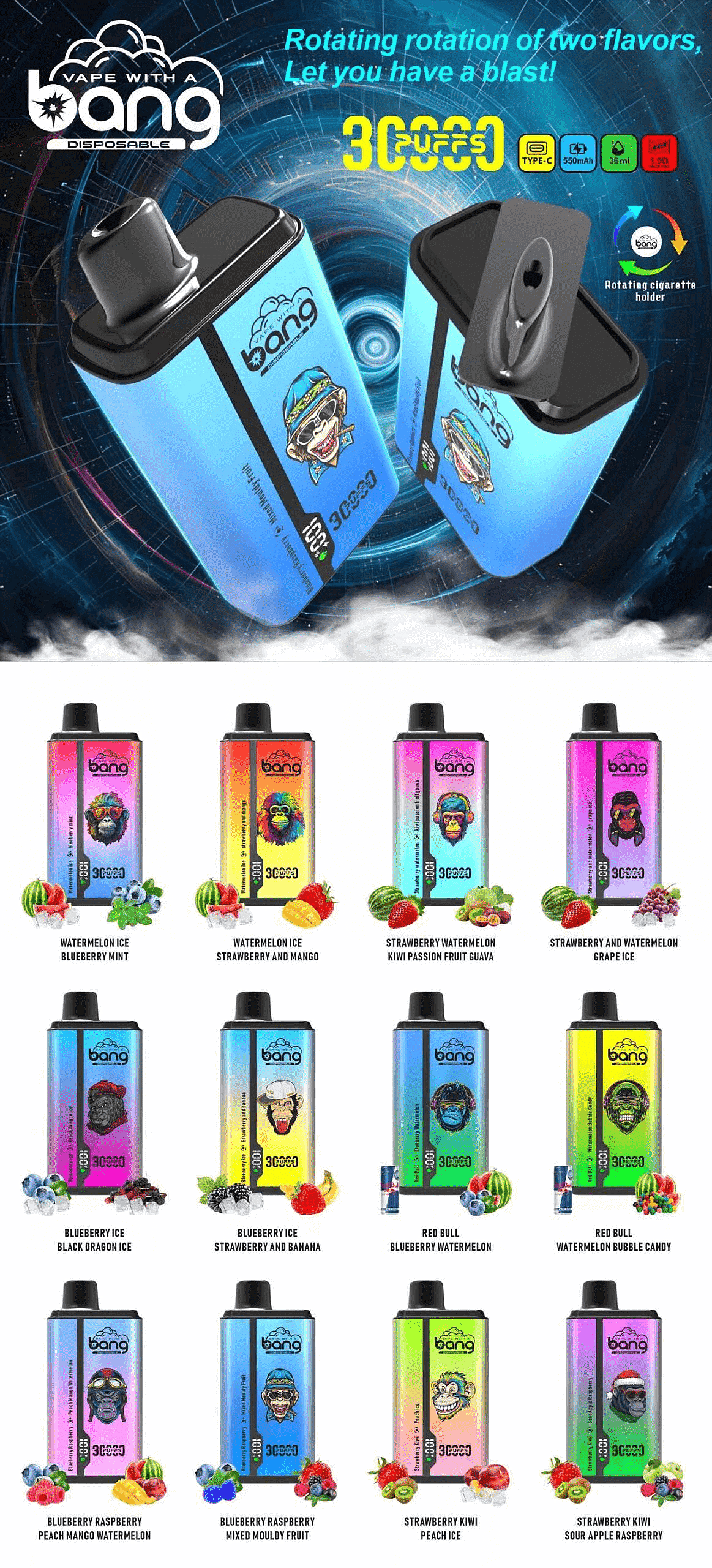 Dispositivi per svapo usa e getta Bang con vari design vivaci e doppi aromi, dotati di 30.000 boccate, ricarica Type-C e aromi come ghiaccio all'anguria, mirtillo e menta e fragola e kiwi.