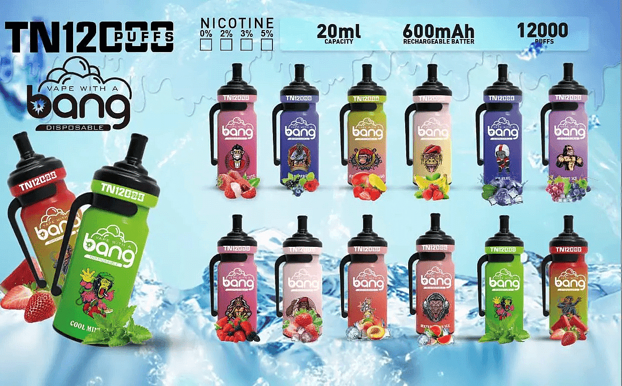 Einweg-Vaping-Geräte von Bang in verschiedenen Farben und Designs, mit der Bezeichnung „TN12000“, mit 20 ml Fassungsvermögen, 600 mAh-Akku, 12.000 Zügen und Nikotinstärken von 0%, 2%, 3% und 5%.