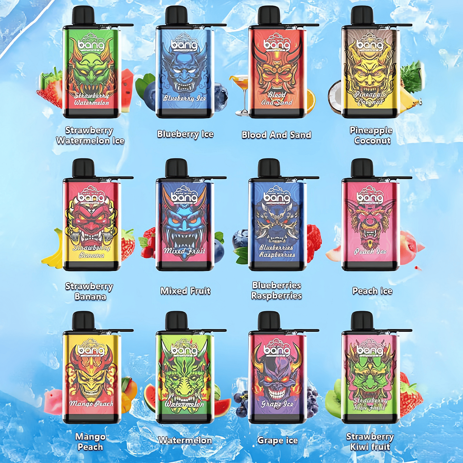 Anzeige der Einweg-Vape-Aromen von Bang, darunter Erdbeer-Wassermelonen-Eis, Blaubeer-Eis, Blut und Sand, Ananas-Kokosnuss, Erdbeer-Banane, gemischte Früchte, Blaubeeren-Himbeeren, Pfirsich-Eis, Mango-Pfirsich, Wassermelone, Trauben-Eis und Erdbeer-Kiwi, mit bunten Designs auf einem hellblauen, eisigen Hintergrund.