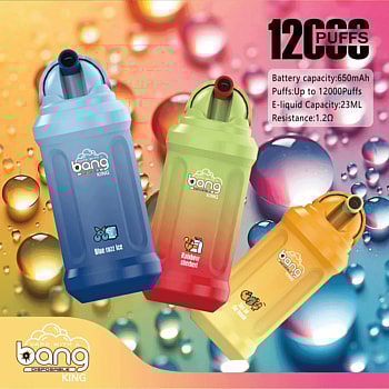 Three colorful disposable vape devices labeled "bang" with flavors Blue Razz Ice, Rainbow Sherbert, and Red Apple, displayed against a vibrant background with liquid droplets and a "12000 Puffs" label.