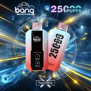 Vape products with "bang" branding, featuring "25,000 puffs" text, set against a futuristic, cosmic-themed background.