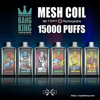 Bang King disposable vape devices with various colorful designs, featuring mesh coils, Type-C rechargeability, and offering 15,000 puffs.
