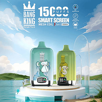 Zwei farbenfrohe Vape-Geräte mit Affenillustrationen und den Aufschriften „Bang King“ und „15.000 Züge“ werden auf einer Plattform an einem ruhigen See mit blauem Himmel und Wolken im Hintergrund ausgestellt.