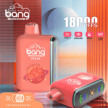 Red disposable vape device with "Bang" branding, labeled "Pulse" and "Juicy Peach Ice" flavor. The device advertises 18,000 puffs, a 650mAh battery, 26ml e-liquid capacity, Type-C charging, and 1.0Ω mesh coil. The design includes a planetary graphic and digital display.