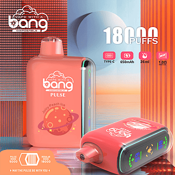 Red disposable vape device with "Bang" branding, labeled "Pulse" and "Juicy Peach Ice" flavor. The device advertises 18,000 puffs, a 650mAh battery, 26ml e-liquid capacity, Type-C charging, and 1.0Ω mesh coil. The design includes a planetary graphic and digital display.