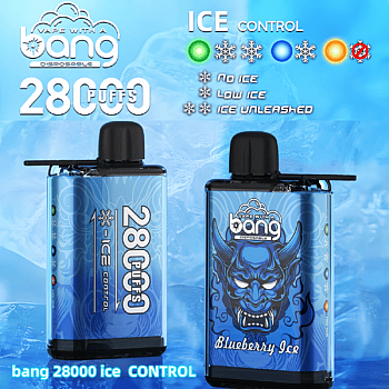 Disposable vape device "Bang 28000 Ice Control" with 28000 puffs, featuring blueberry ice flavor and adjustable ice levels: no ice, low ice, and ice unleashed, displayed on a blue icy background.