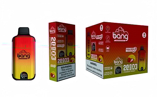 A disposable vape device and its packaging labeled "Bang," featuring a red-to-yellow gradient design with "Strawberry Mango" flavor, and prominent nicotine warning labels.
