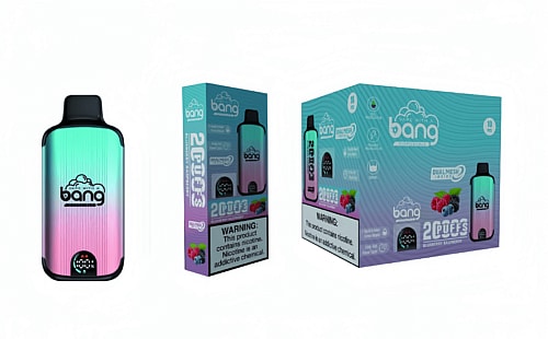 A Bang disposable vape device in a gradient of green and pink with matching packaging displaying the flavor "Blueberry Raspberry" and nicotine warning labels.