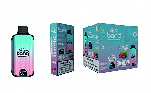 En Bang engångsvapeapparat i en gradient av grönt och rosa med matchande förpackning som visar smaken "Blåbärshallon" och varningsetiketter för nikotin.