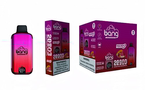 Bang Disposable Vape in mango peach watermelon flavor, showing the device, single-pack, and a ten-pack box with health warning labels.