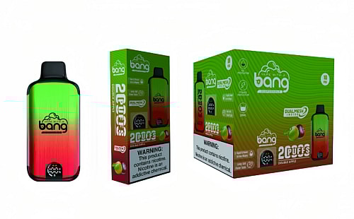 Bang disposable vape with a red and green gradient design, shown alongside packaging that highlights the "Double Apple" flavor and features like "Dual Mesh" technology, nicotine warning label visible.