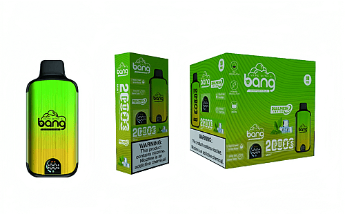 En engångsvape-enhet och förpackning med en grön och gul gradientdesign, märkt "bang". Förpackningen framhäver funktioner som "Dual Mesh", "2 Puffs" och inkluderar en nikotinvarningsetikett.