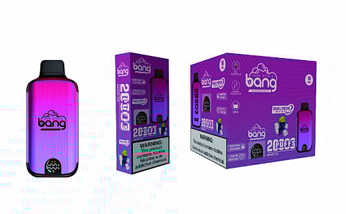 Bang disposable vape packaging with a purple gradient design. The packaging highlights key features such as "2,000 puffs," "grape ice" flavor, and warnings about nicotine content.