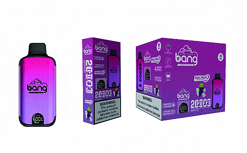 Bang engångsvapeförpackning med lila gradientdesign. Förpackningen framhäver nyckelfunktioner som "2 000 bloss", "grape ice"-smak och varningar om nikotininnehåll.